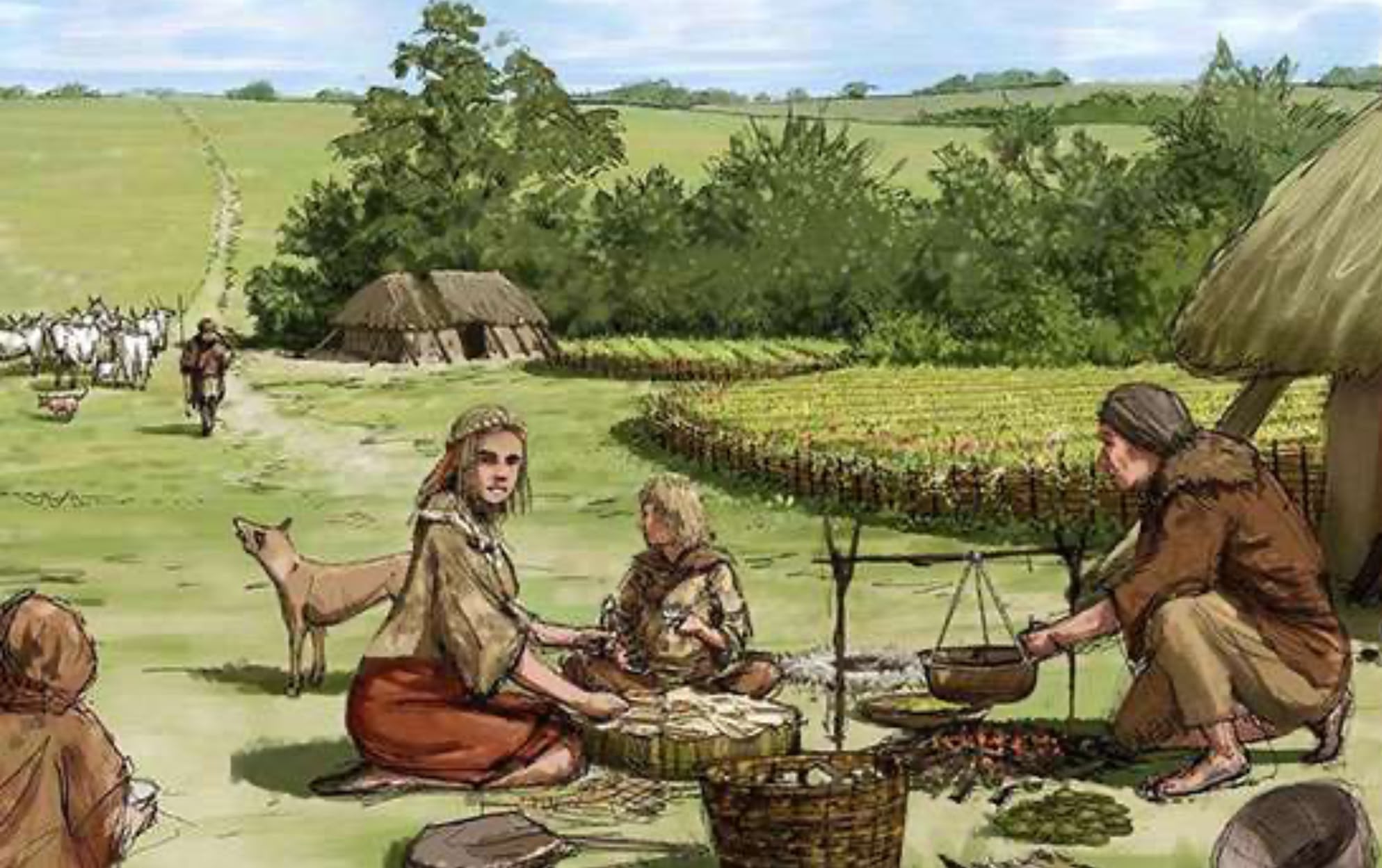 Bronze Age settlement scene with people in village setting with traditional roundhouses