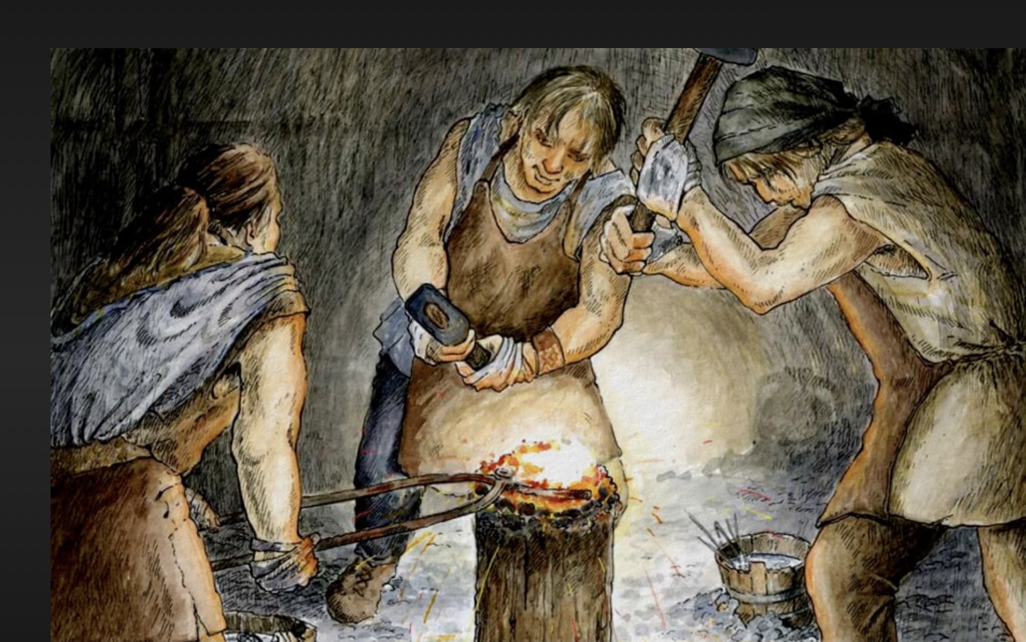Iron Age Celtic people working with metal tools around forge showing metalworking skills