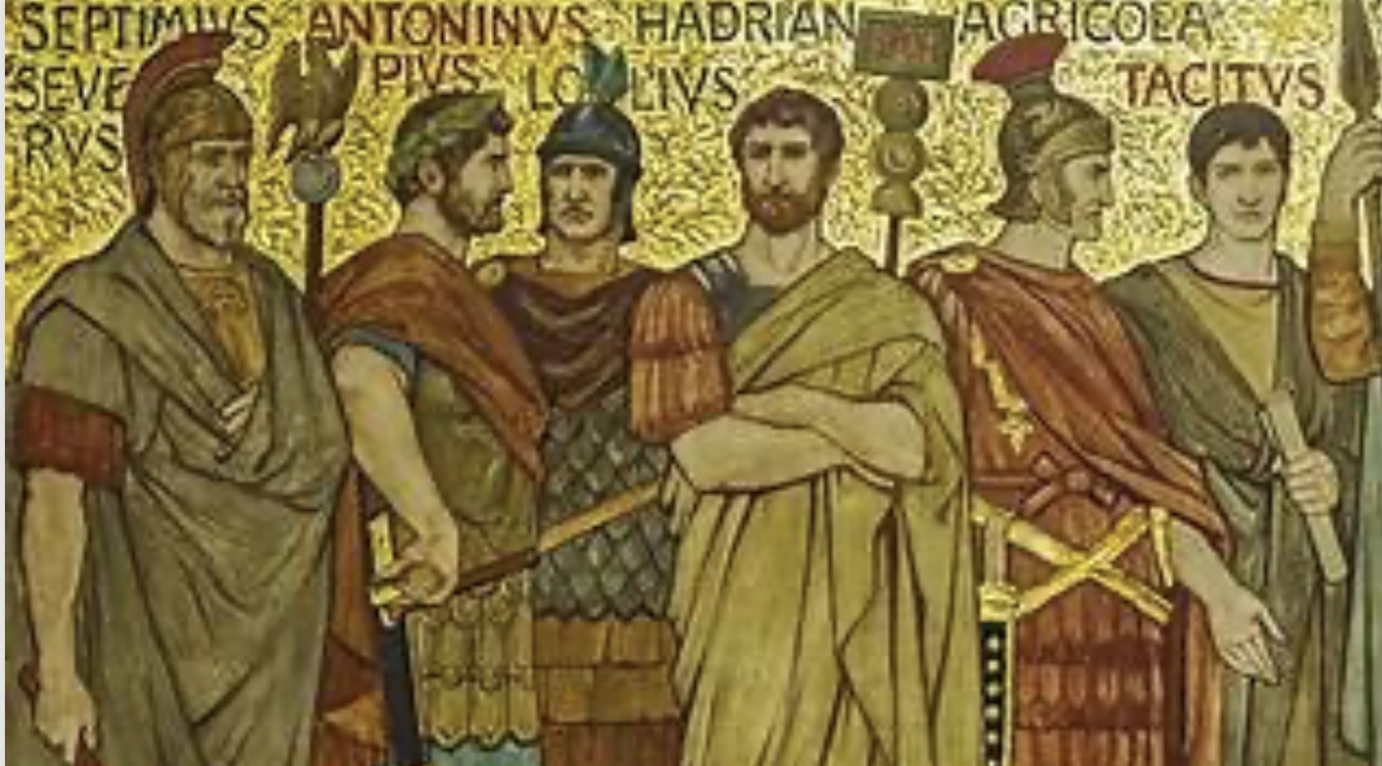 Classical Roman figures in togas and robes from ancient mosaic or fresco artwork