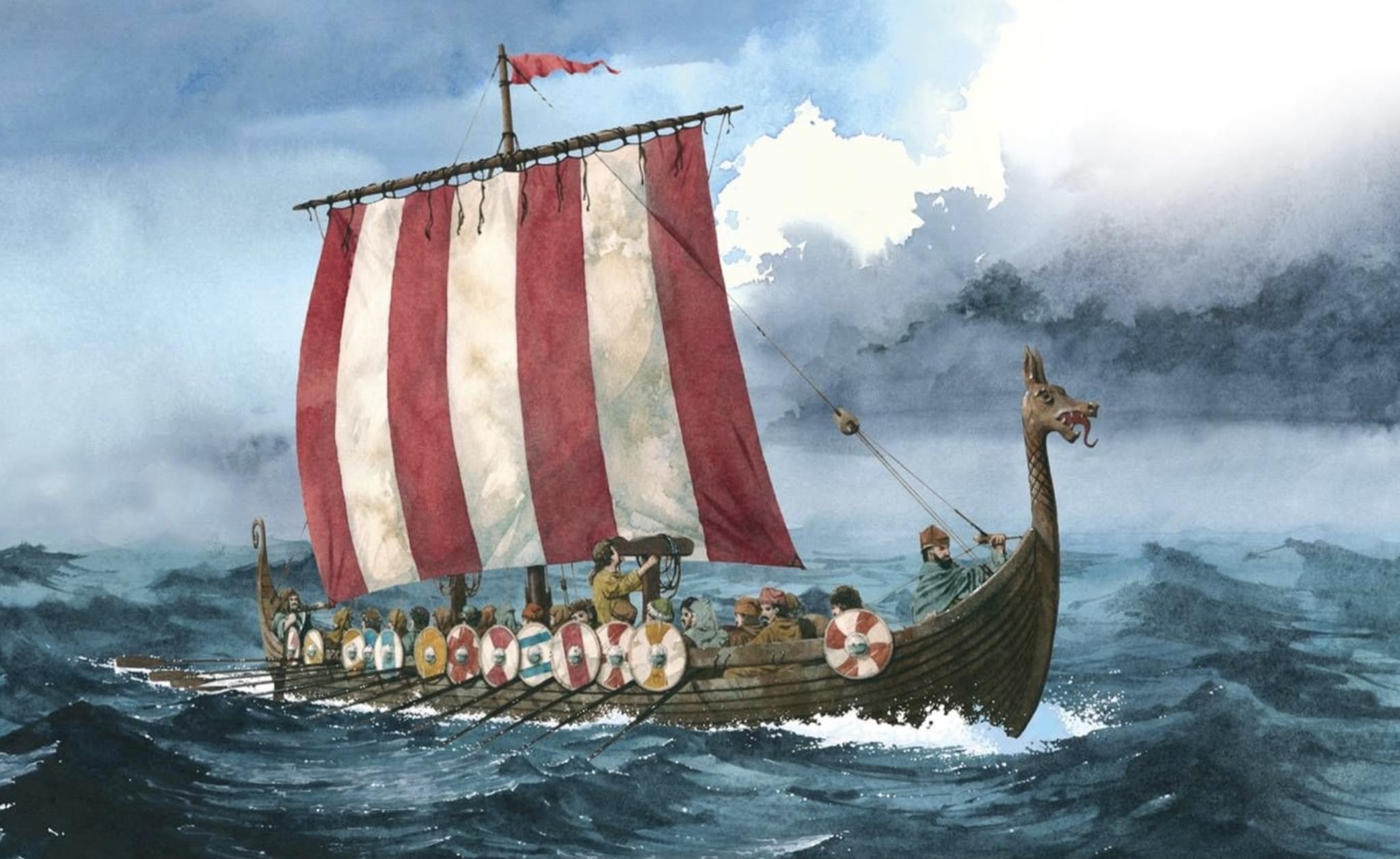 Viking longship with red and white striped sail on stormy seas with Norse warriors aboard